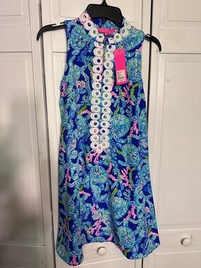 Lilly Pulitzer Blue, Pink and Green Tropical Embroidered Shift Dress